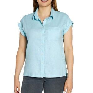 ORVIS Pale Blue Linen Blend Short Sleeve Casual Button-Down Shirt XL.